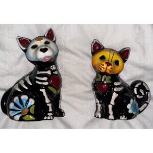 Blue Sky Clayworks Day of Dead Halloween Dog Cat Salt & Pepper Shakers 4"